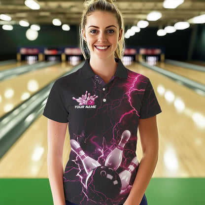 Custom Black And Pink Thunder Lightning Bowling Tournament Polo Shirts For Women IPHW8523