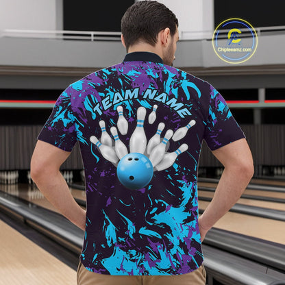 Custom Blue And Purple Camo Men Bowling League Shirt, Bowlers Jerseys Tournament Outfit IPHW10618