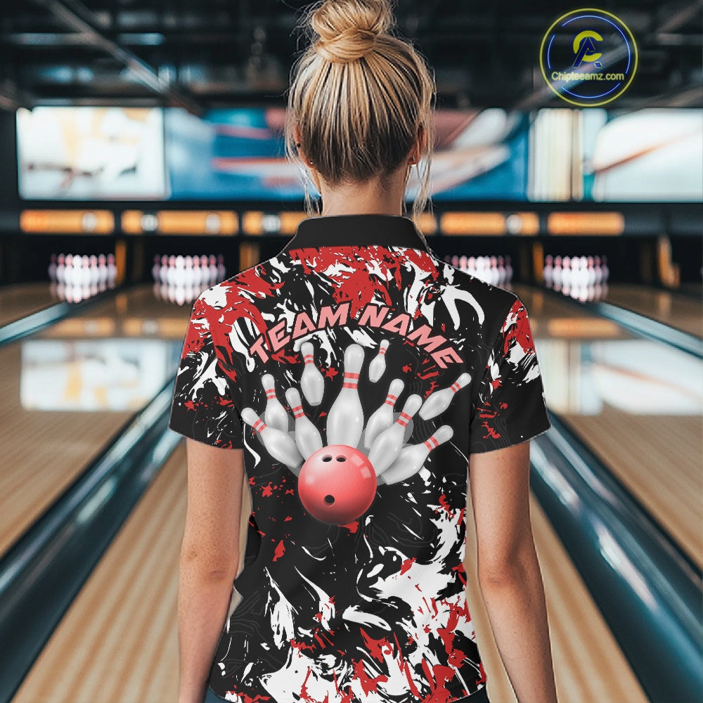 Custom Black, Red And White Camo Women Bowling League Shirt, Bowlers Jerseys Outfits IPHW10619