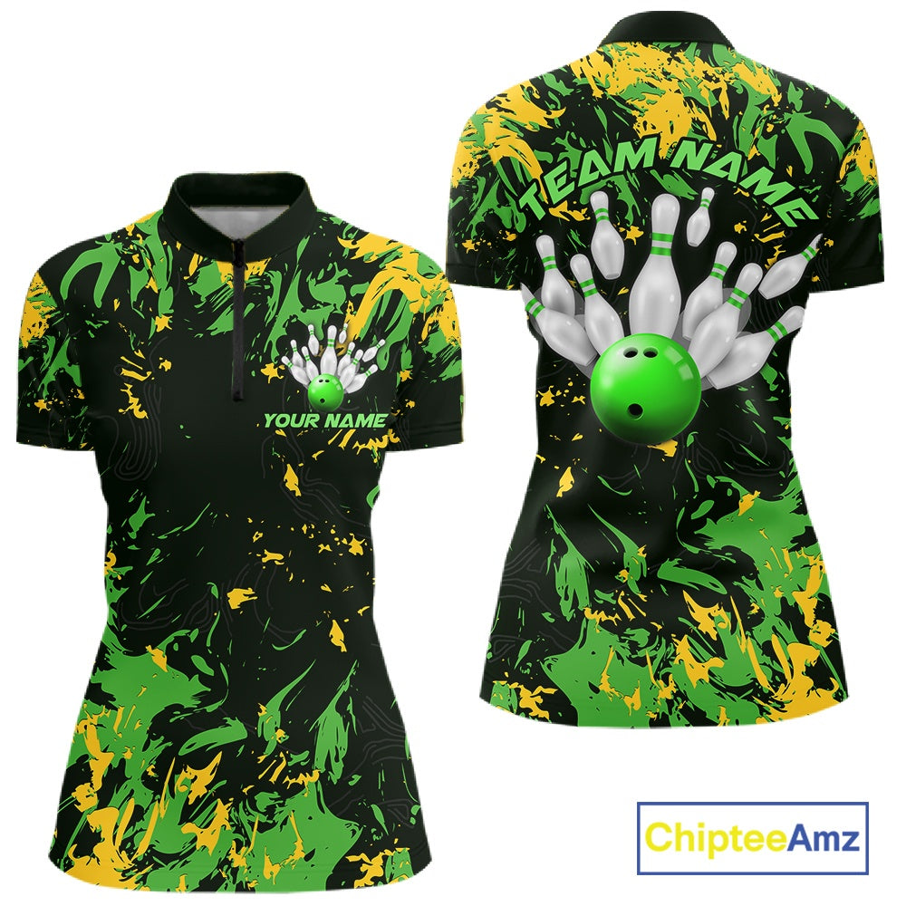 Custom Green And Yellow Camo Women Bowling League Shirt, Bowler Jersey Tournament Outfit IPHW10620