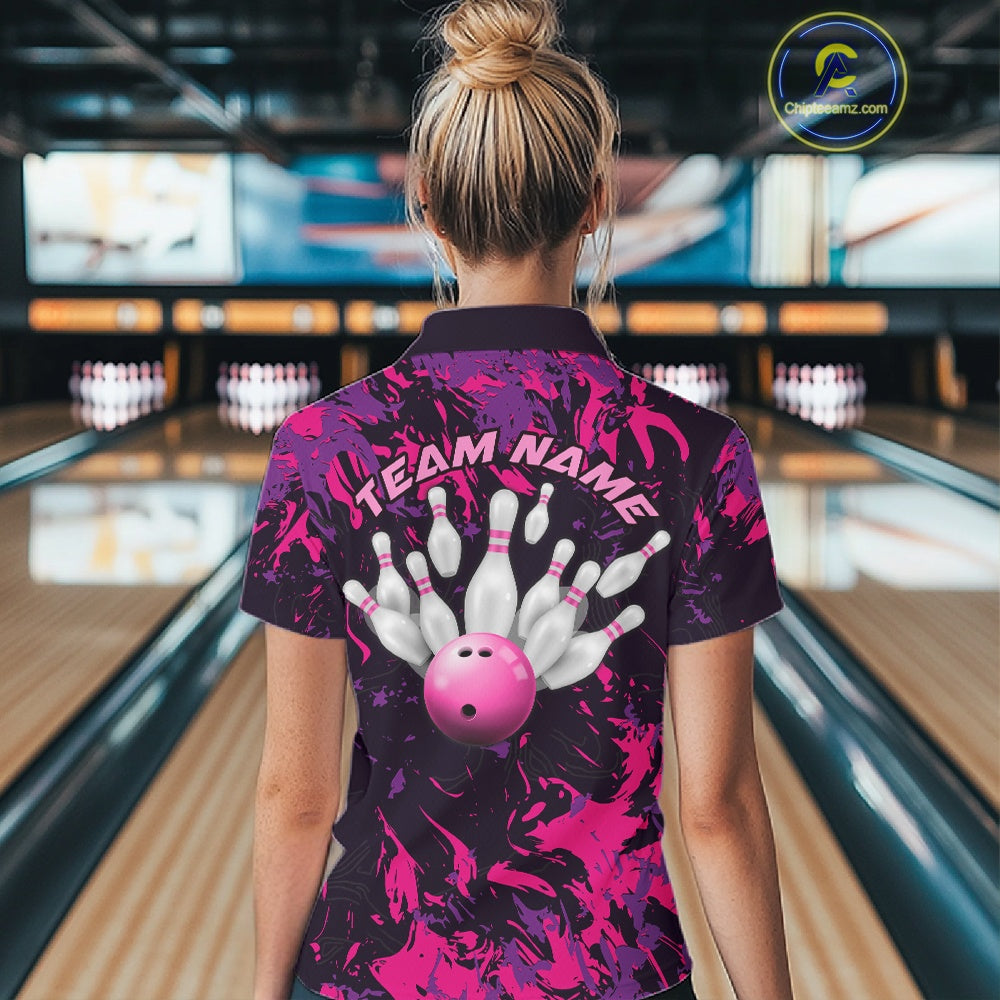 Custom Purple And Pink Camo Women Bowling League Shirt, Bowlers Jersey Tournament Outfit IPHW10621