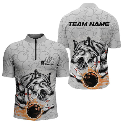 Custom Gray And Red Wolf Bowling Quarter-Zip Shirts For Men, Wolf Bowling Tournament Shirt IPHW8717