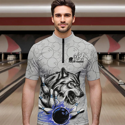 Custom Gray And Blue Wolf Bowling Quarter-Zip Shirts For Men, Wolf Bowling Tournament Shirt IPHW8718