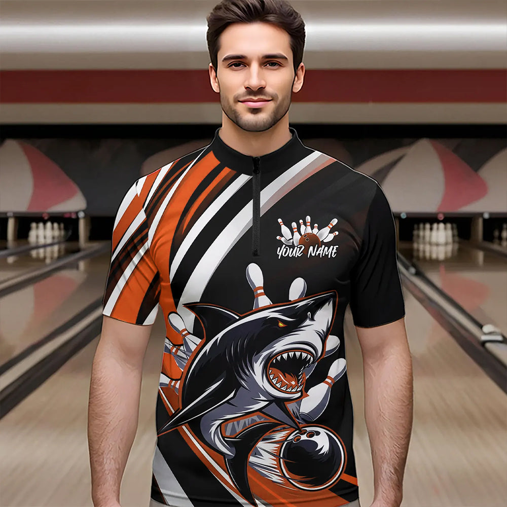 Custom Black And Orange Shark Bowling Quarter-Zip Shirts For Men,  Shark Bowling Team Jerseys IPHW8723
