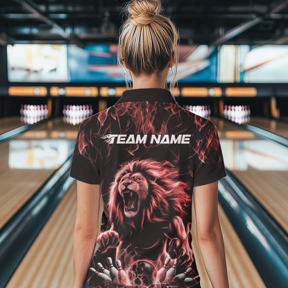 Custom Black And Red Flame Lion Bowling Women Quarter-Zip Shirts, Lion Team Uniform IPHW8983