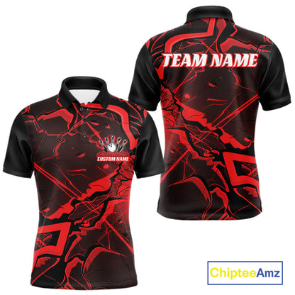 Front and back mens bowling polo with black and red cracked geometric graphics and futuristic angular lines.