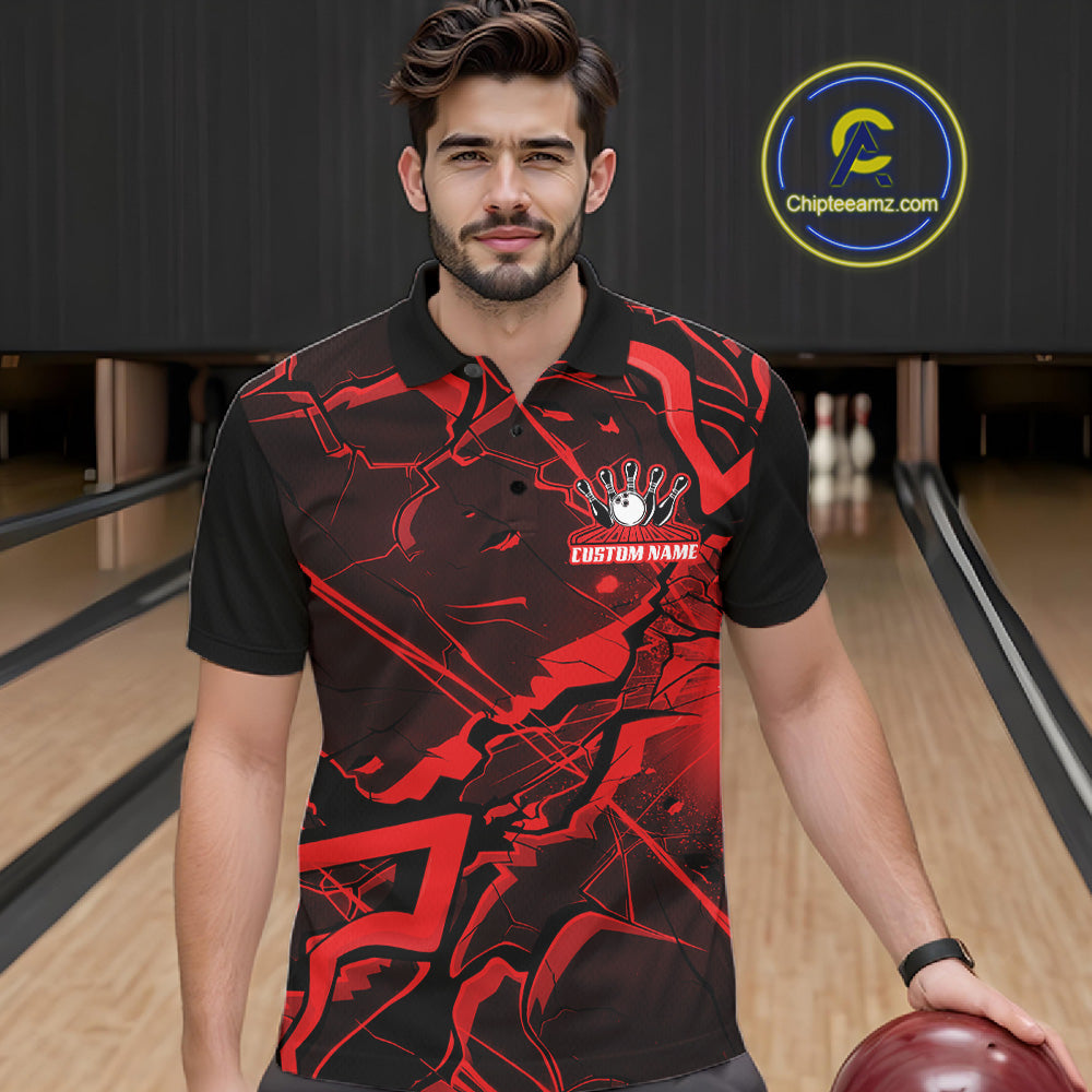 Male model wearing a bowling polo at the bowling lane featuring black and red cracked geometric artwork.