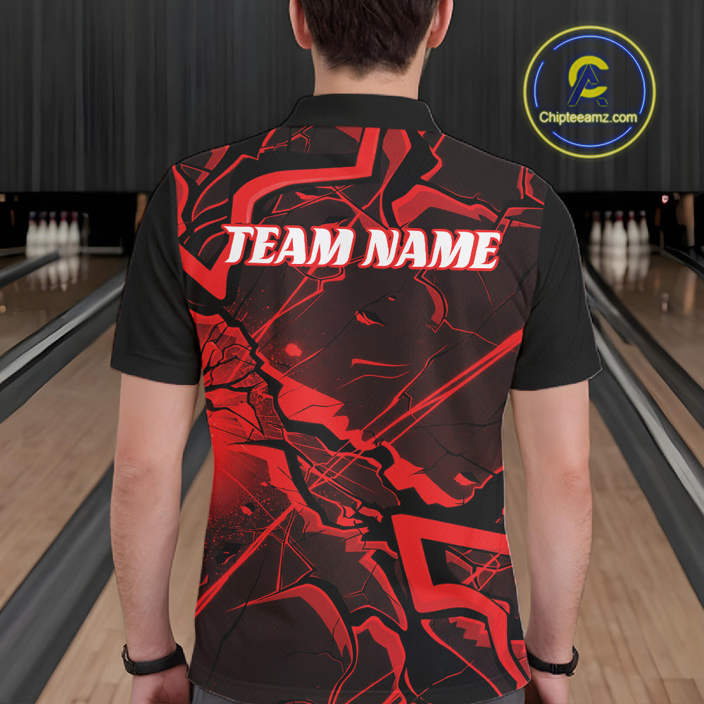 Back view of a mens bowling polo showcasing black and red angular pattern graphics.