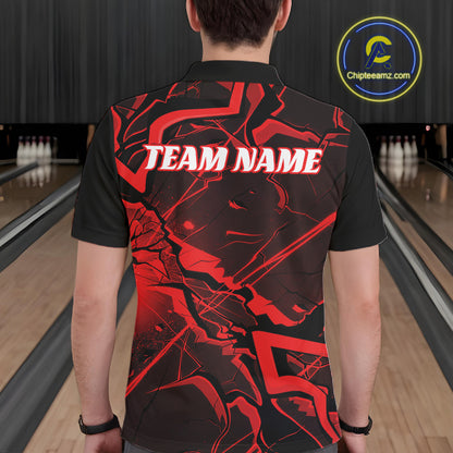 Back view of a mens bowling polo showcasing black and red angular pattern graphics.