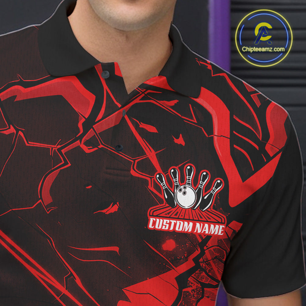 Close-up left chest view of a bowling polo with black and red cracked geometric line details.