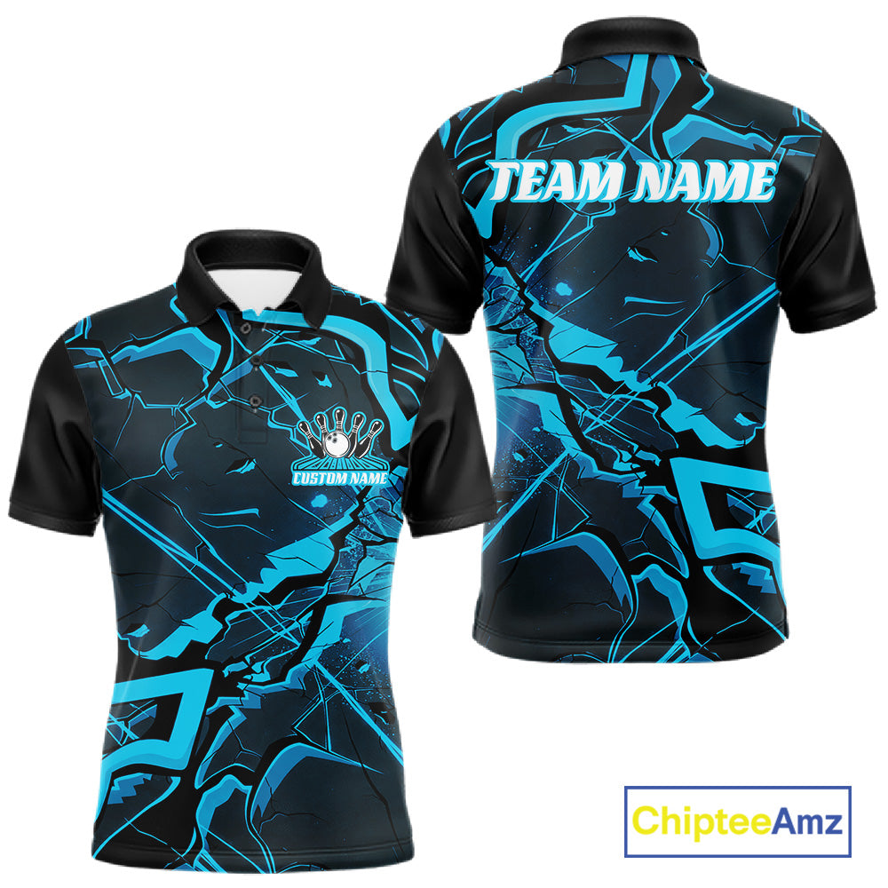 Front and back mens bowling polo featuring black and blue cracked geometric pattern with futuristic styling.