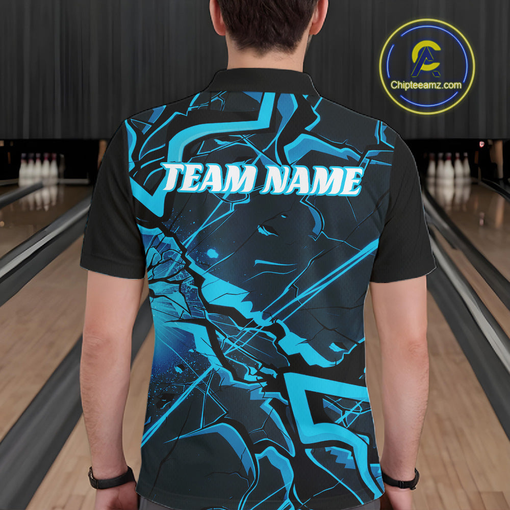 Back view of a mens bowling polo displaying black and blue cracked linework and sharp accents.