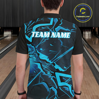 Back view of a mens bowling polo displaying black and blue cracked linework and sharp accents.