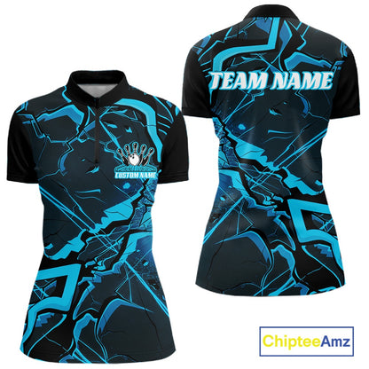 Front and back views of a womens black and blue bowling quarter-zip featuring a cracked geometric pattern and angular graphics.