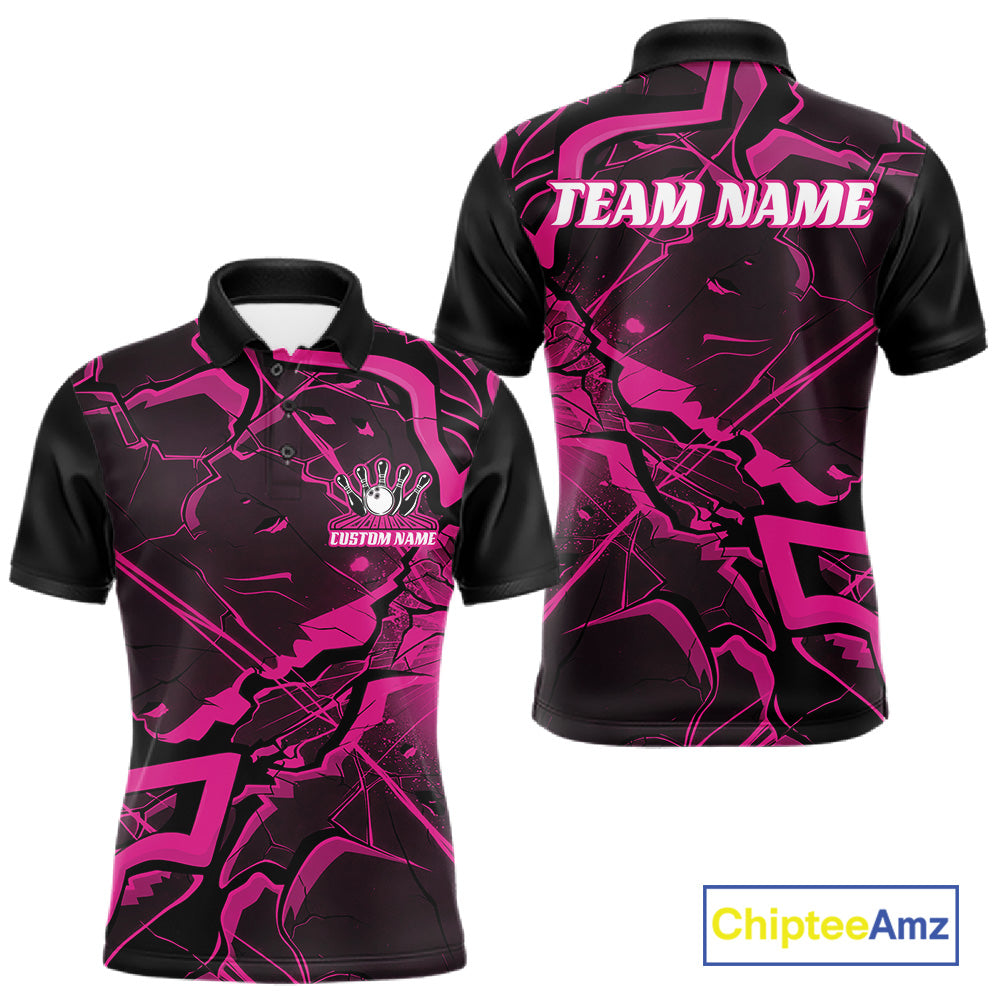 Front and back mens bowling polo mockup featuring black and pink cracked geometric pattern with angular accents.