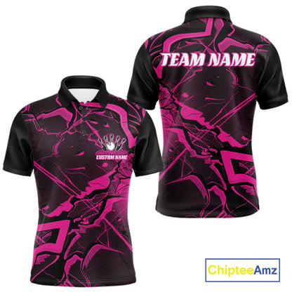 Front and back mens bowling polo mockup featuring black and pink cracked geometric pattern with angular accents.