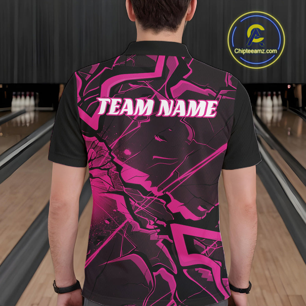 Back view of a mens bowling polo showcasing black and pink cracked geometric artwork.