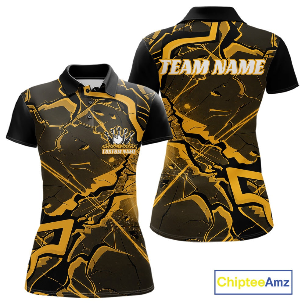 Front and back womens black and yellow bowling polo featuring a cracked geometric pattern and angular design.