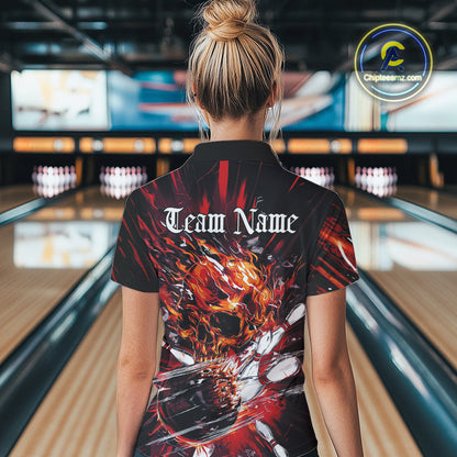 Custom Flame Skull Bowling Women Quarter-Zip Shirts, Fire Halloween Bowler Outfit Uniform IPHW9583