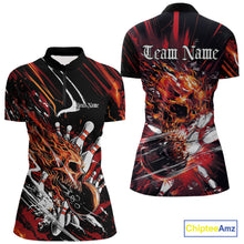 Load image into Gallery viewer, Custom Flame Skull Bowling Women Quarter-Zip Shirts, Fire Halloween Bowler Outfit Uniform IPHW9583