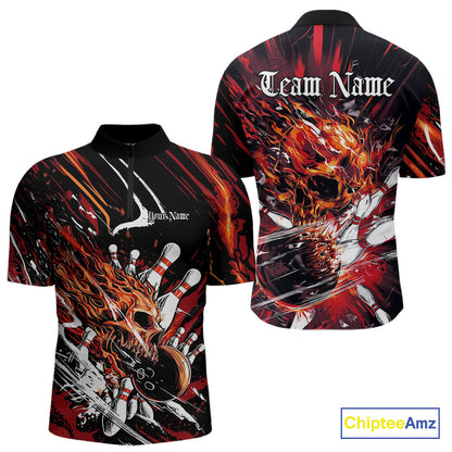 Custom Flame Skull Bowling Team Men Quarter-Zip Shirts, Fire Halloween Bowler Outfit Uniform IPHW9583