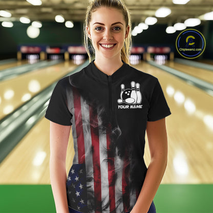 Smoke American Flag Custom Patriotic Bowling Shirts For Women, US Bowling Team Shirt Bowlers IPHW7585