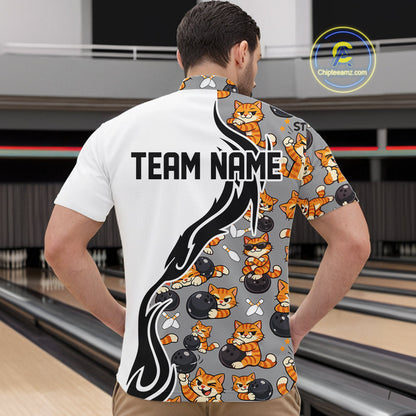 Custom Cute Funny Ginger Tabby Cat Bowling Men Quarter-Zip Shirts, Cat Bowling Team Shirt IPHW10316