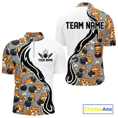 Custom Cute Funny Ginger Tabby Cat Bowling Men Quarter-Zip Shirts, Cat Bowling Team Shirt IPHW10316