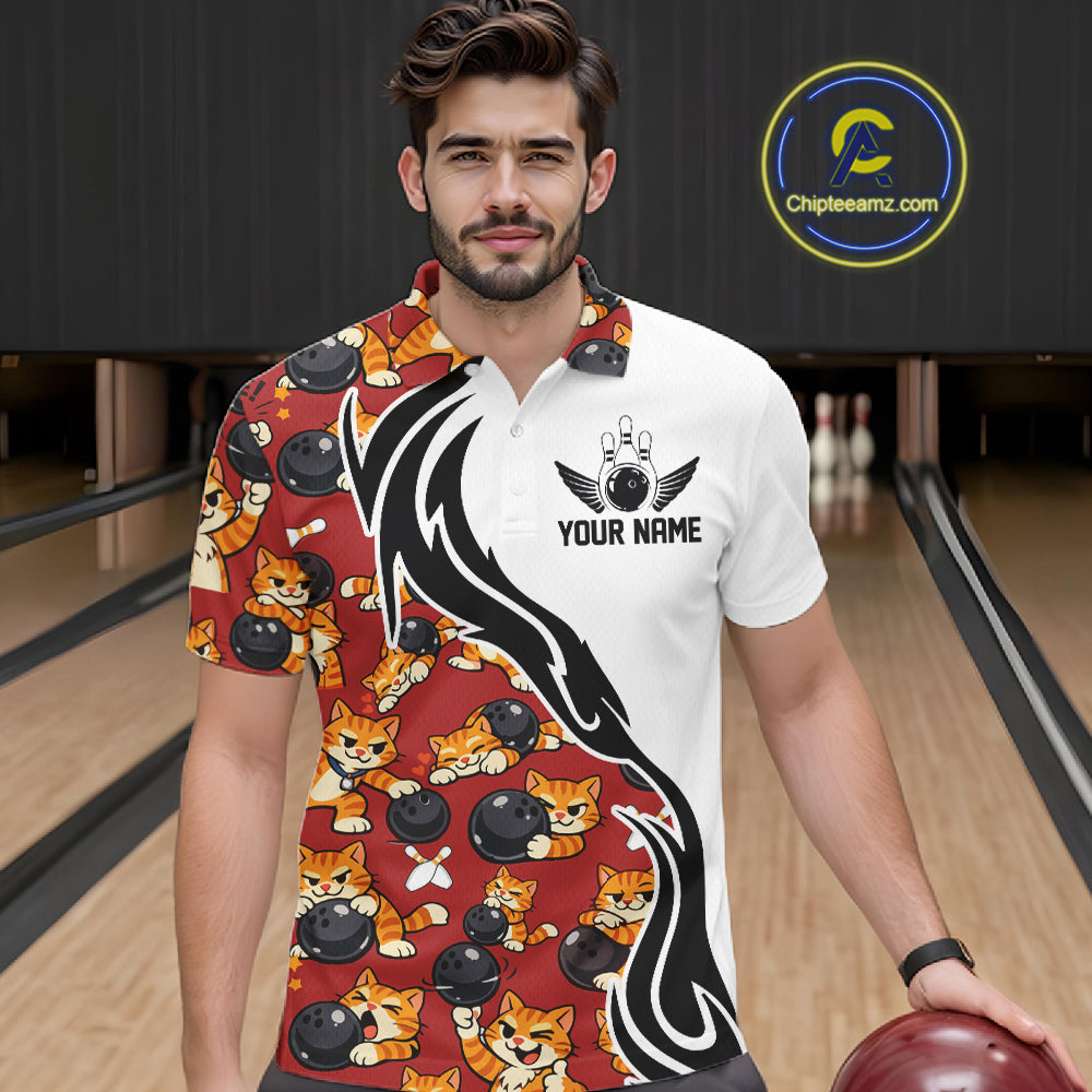Custom Cute Funny Ginger Tabby Cat Bowling Men Polo Shirts, Cat Bowling Team Shirt IPHW10318