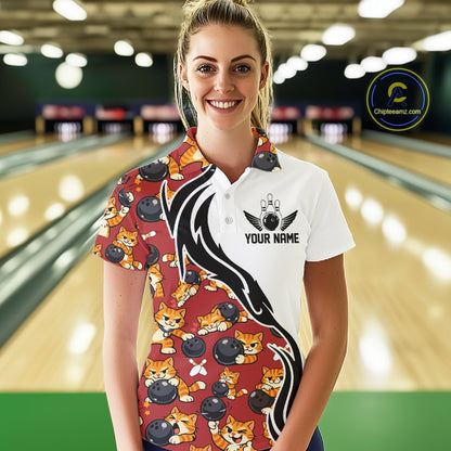Custom Cute Funny Ginger Tabby Cat Bowling Women Polo Shirts, Cat Bowling Team Shirt IPHW10318