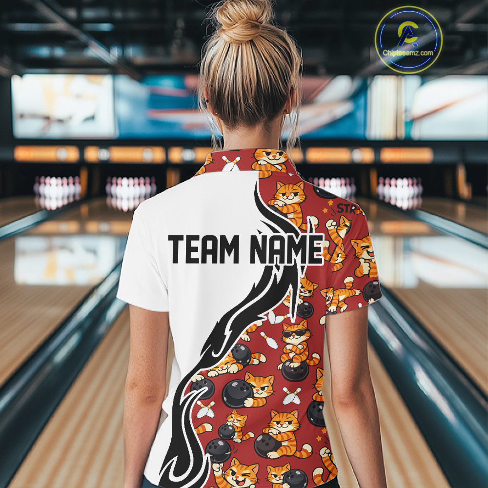 Custom Cute Funny Ginger Tabby Cat Bowling Women Polo Shirts, Cat Bowling Team Shirt IPHW10318