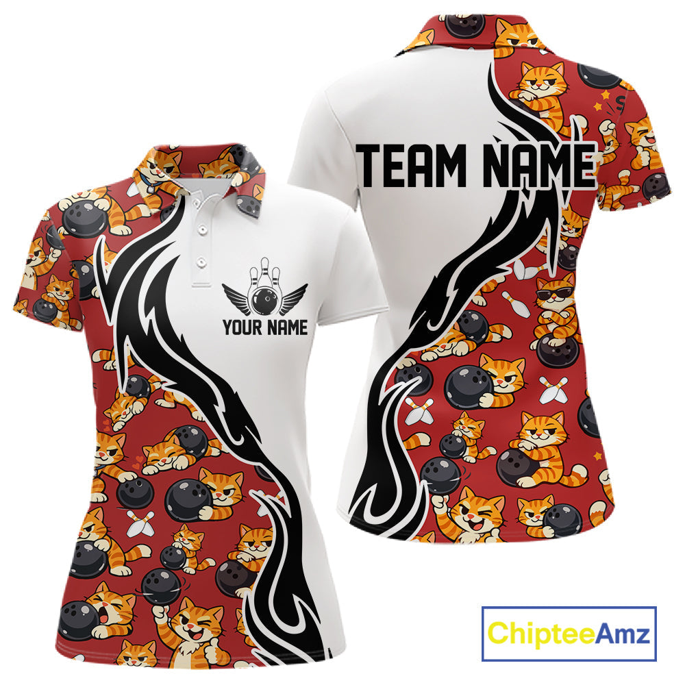 Custom Cute Funny Ginger Tabby Cat Bowling Women Polo Shirts, Cat Bowling Team Shirt IPHW10318