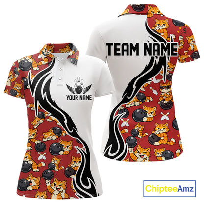 Custom Cute Funny Ginger Tabby Cat Bowling Women Polo Shirts, Cat Bowling Team Shirt IPHW10318