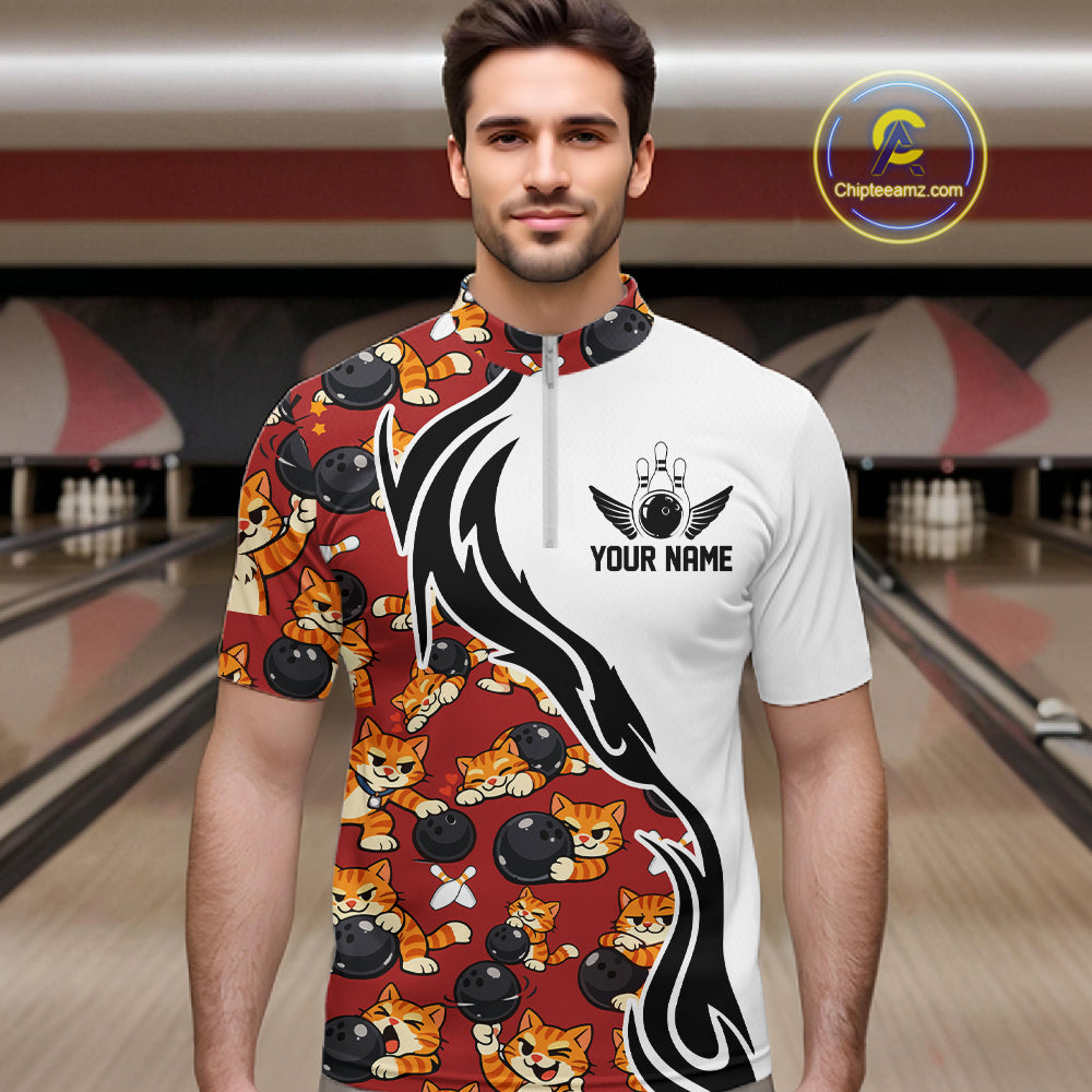 Custom Cute Funny Ginger Tabby Cat Bowling Men Quarter-Zip Shirts, Cat Bowling Team Shirt IPHW10318