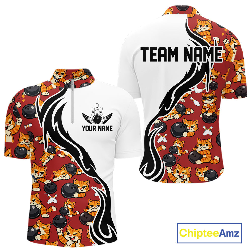 Custom Cute Funny Ginger Tabby Cat Bowling Men Quarter-Zip Shirts, Cat Bowling Team Shirt IPHW10318