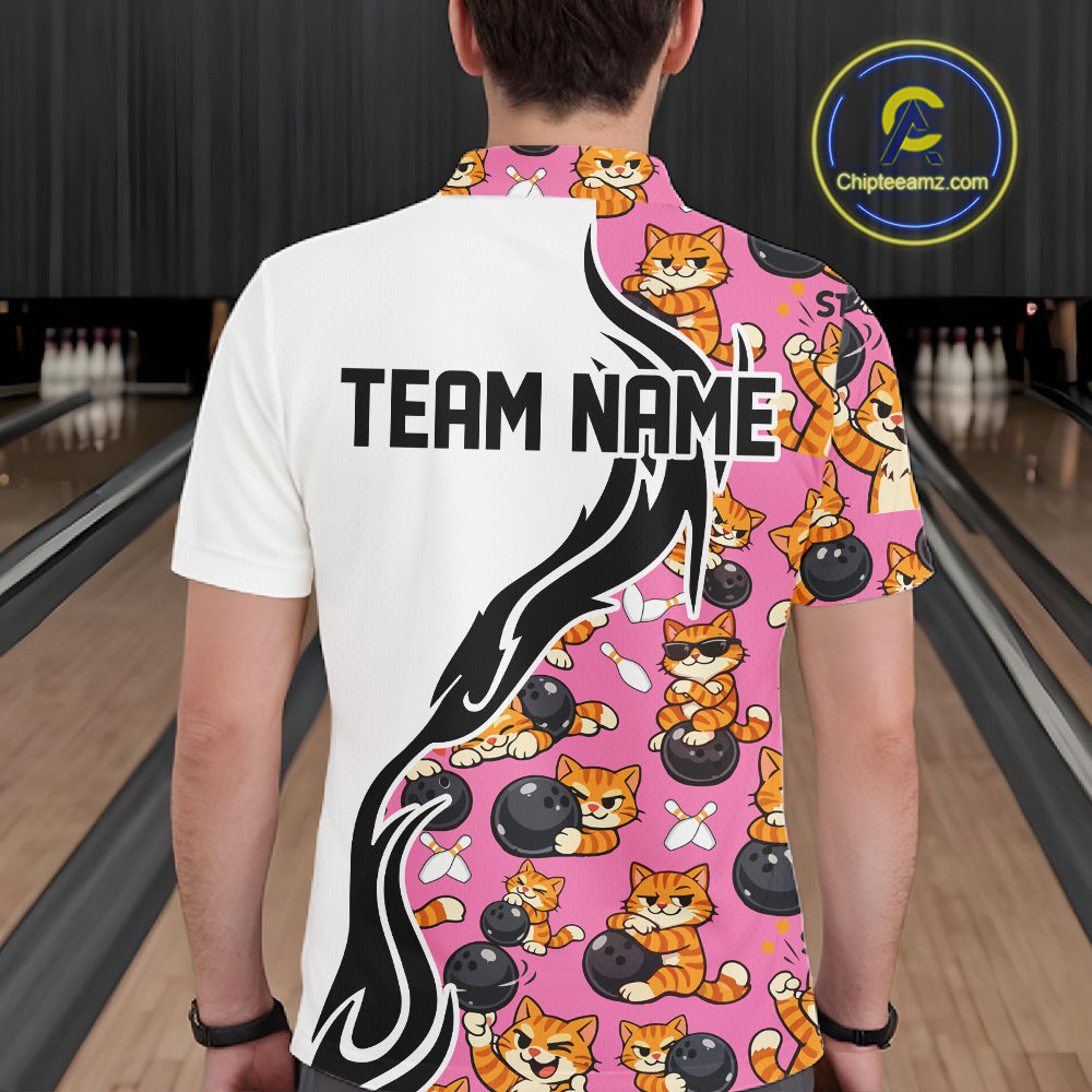 Custom Cute Funny Ginger Tabby Cat Bowling Men Polo Shirts, Cat Bowling Team Shirt IPHW10319