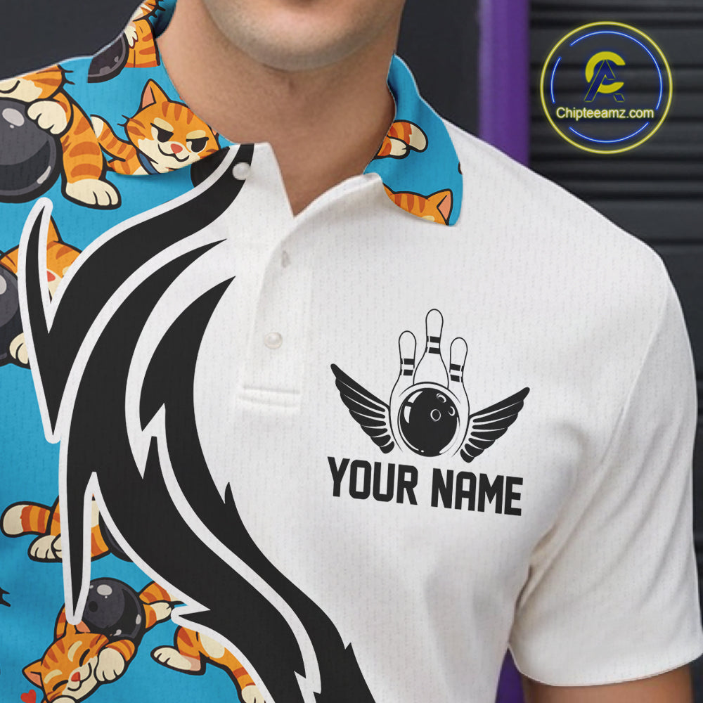 Custom Cute Funny Ginger Tabby Cat Bowling Men Polo Shirts, Cat Bowling Team Shirt IPHW10320