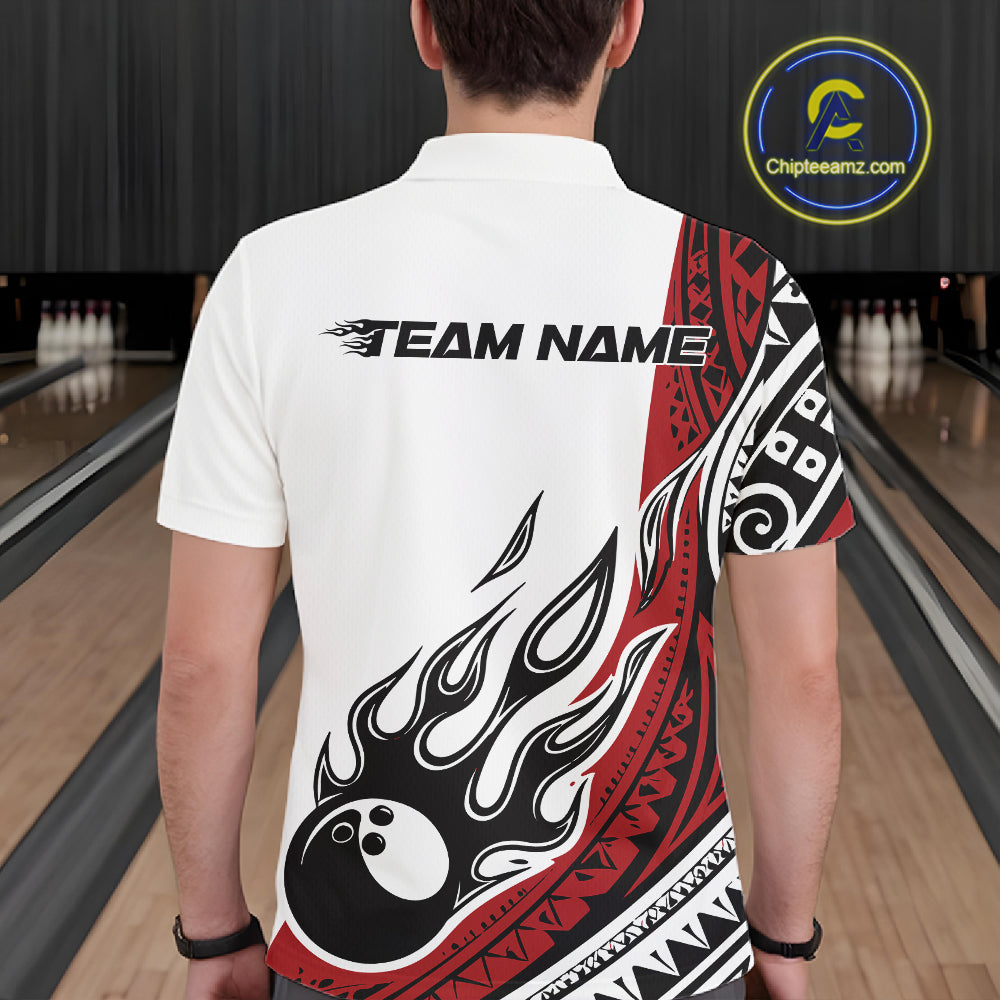 Custom Red Tribal Polynesian Pattern Men Bowling Team Shirt, Maori Style Bowling Outfit IPHW10326