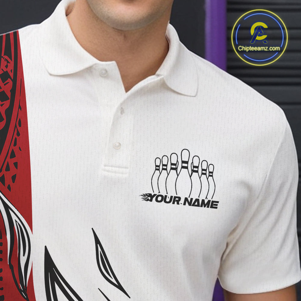 Custom Red Tribal Polynesian Pattern Men Bowling Team Shirt, Maori Style Bowling Outfit IPHW10326