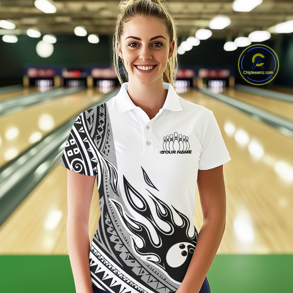 Custom Gray Tribal Polynesian Pattern Women Bowling Team Shirt, Maori Style Bowling Outfit IPHW10328