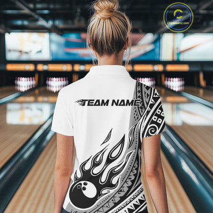 Custom Gray Tribal Polynesian Pattern Women Bowling Team Shirt, Maori Style Bowling Outfit IPHW10328