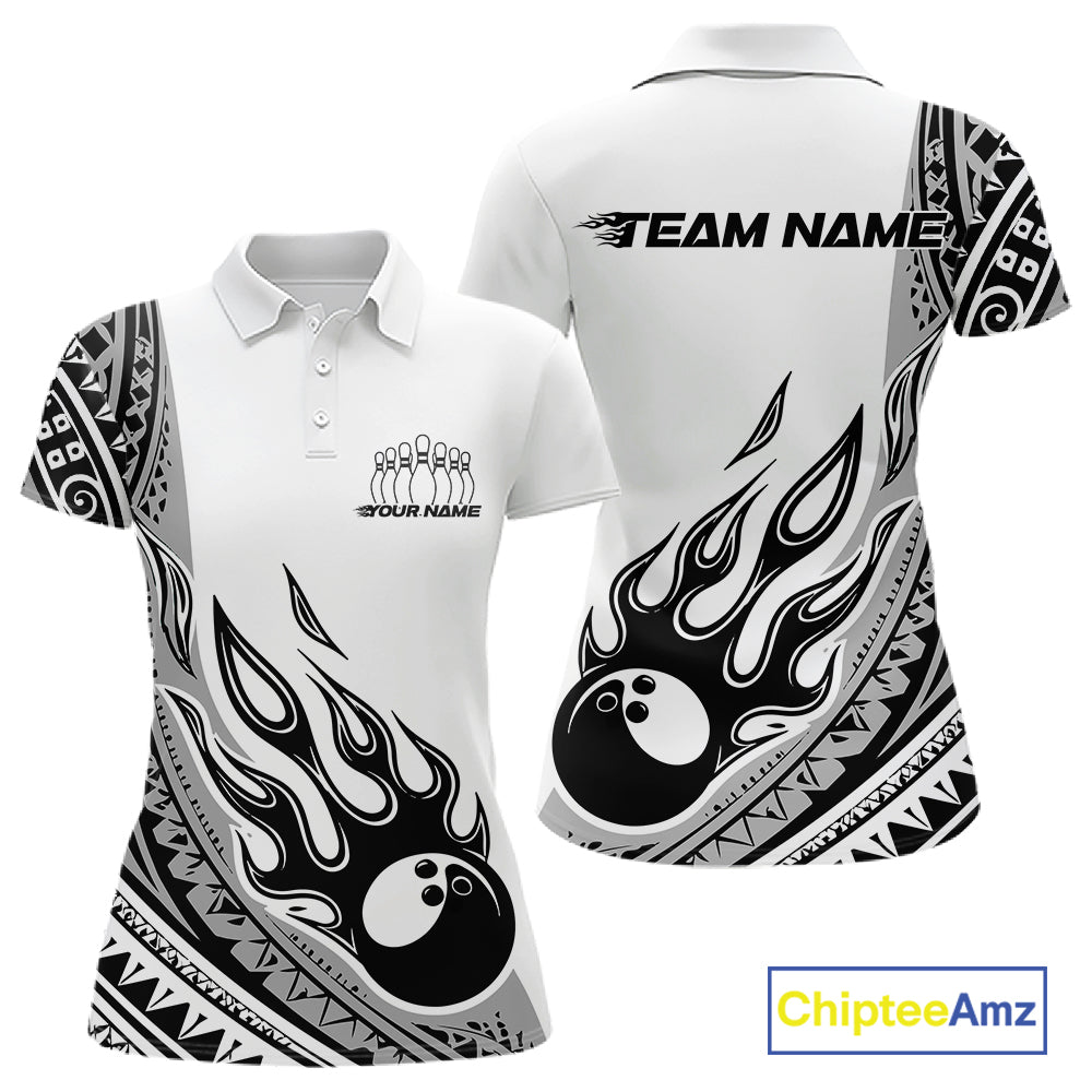Custom Gray Tribal Polynesian Pattern Women Bowling Team Shirt, Maori Style Bowling Outfit IPHW10328