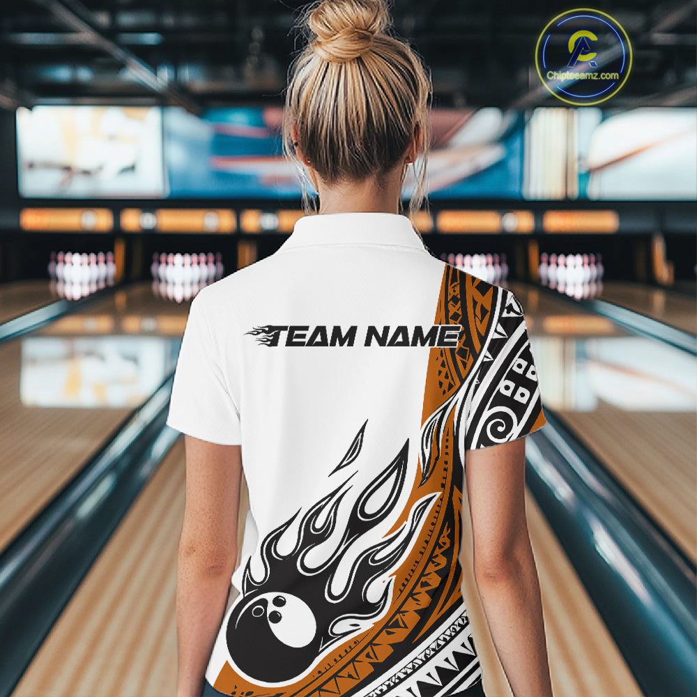 Custom Orange Tribal Polynesian Pattern Women Bowling Shirt, Maori Style Bowling Outfit IPHW10329