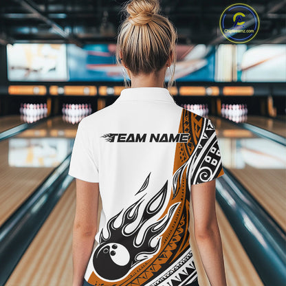 Custom Orange Tribal Polynesian Pattern Women Bowling Shirt, Maori Style Bowling Outfit IPHW10329