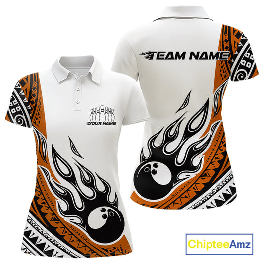 Custom Orange Tribal Polynesian Pattern Women Bowling Shirt, Maori Style Bowling Outfit IPHW10329