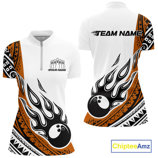 Custom Orange Tribal Polynesian Pattern Women Bowling Shirt, Maori Style Bowling Outfit IPHW10329