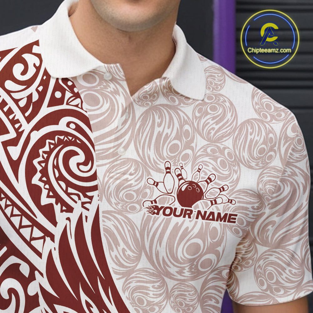 Custom Red Brown Tribal Tattoo Pattern Polynesian Owl Bowling Men Polo Shirts IPHW10335