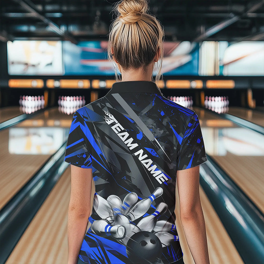Custom Black And Blue Bowling Polo Shirts For Women, Bowling Tournament Team Uniform IPHW8528