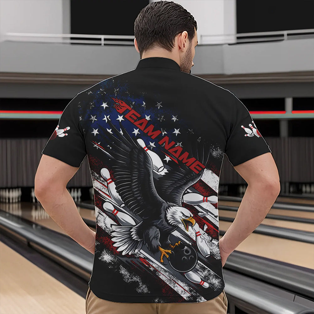 Personalized American Flag Eagle Men Bowling Quarter-Zip Shirts, Patriotic US Bowling League Shirt  IPHW8731