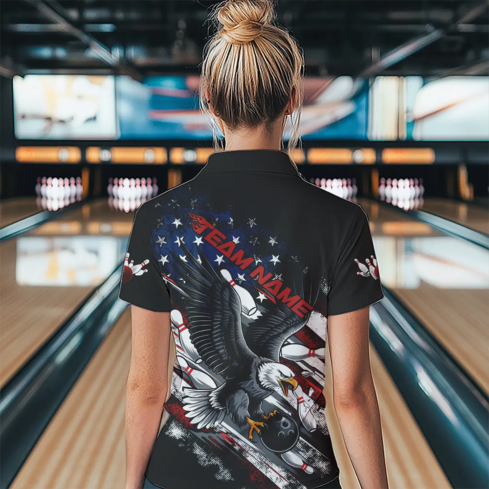 Personalized American Flag Eagle Women Bowling Quarter-Zip Shirts, Patriotic Bowling Shirt  IPHW8731